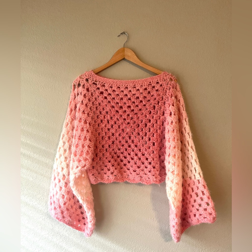 Handmade Crochet Pink Fuzzy Granny Crop Sweater Size S/M